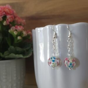 Pink and Blue Glass Bead Earrings with Iridescent Finish